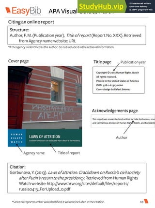 APA Visual Guides Part 1
Citingan onlinereport
Cover page
Structure:
Author, F.M.(Publication year). Titleofreport(Report No.XXX).Retrieved
fromAgency namewebsite:URL
*Iftheagencyisidentifiedastheauthor,donotincludeitintheretrievalinformation.
Agencyname Titleofreport
Titlepage Publicationyear
Acknowledgements page
Author
Citation:
Gorbunova, Y.(2013).Lawsofattrition:Crackdown onRussia’s civilsociety
afterPutin’sreturntothepresidency. RetrievedfromHuman Rights
Watch website:http://www.hrw.org/sites/default/files/reports/
russia0413_ForUpload_0.pdf
*Sincenoreportnumberwasidentified,itwasnotincludedinthecitation. 10
 