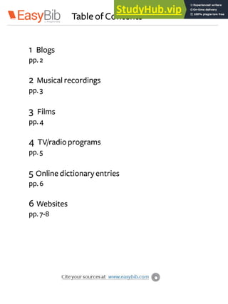 Table of Contents
1 Blogs
pp. 2
2 Musical recordings
pp. 3
3 Films
pp. 4
4 TV/radioprograms
pp. 5
5 Online dictionary entries
pp. 6
6 Websites
pp. 7-8
 