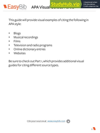 APA Visual Guides Part 2
Thisguidewillprovidevisualexamples ofcitingthefollowingin
APAstyle:
• Blogs
• Musicalrecordings
• Films
• Televisionandradioprograms
• Onlinedictionaryentries
• Websites
BesuretocheckoutPart1,whichprovidesadditionalvisual
guidesforcitingdifferentsourcetypes.
1
 