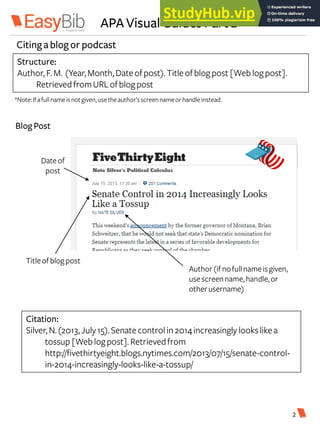APA Visual Guides Part 2
Citinga blog or podcast
Structure:
Author, F.M. (Year,Month, Dateofpost).Titleofblogpost [Web logpost].
RetrievedfromURL ofblogpost
Citation:
Silver, N.(2013,July15).Senate controlin 2014increasingly lookslikea
tossup [Web logpost]. Retrievedfrom
http://fivethirtyeight.blogs.nytimes.com/2013/07/15/senate-control-
in-2014-increasingly-looks-like-a-tossup/
*Note:Ifafullnameisnotgiven,usetheauthor’sscreennameorhandleinstead.
BlogPost
Dateof
post
Author(if nofullnameisgiven,
usescreenname,handle,or
otherusername)
Titleofblogpost
2
 