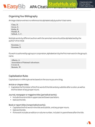 APA CitationFundamentals
Kessman, J.
Kessman, R.
Chan, D.
Gover, E.
Kalita, R.
Parekh, R.
Selleck, A. C.
Arrangecitationentriesinareferencelistalphabeticallybyauthor’slastname.
Multipleworksbydifferentauthorswiththesamelastnameshouldbealphabetizedbythe
author’sfirstinitial:
Ifaworkisauthoredbyagrouporcorporation,alphabetizeitbythefirstmainwordinthegroup’s
name.
OrganizingYourBibliography
Alberto, A.
Association of National Advertisers.
Covert, K.
Ikemoto, W.
3
CapitalizationRules
CapitalizationinAPAstylevariesbasedonthesourceyouareciting.
Article or chaptertitles:
• Capitalizethefirstletterofthefirstwordofthetitleandanysubtitlesafteracolon,aswellas
thefirstletterofanypropernouns.
Journal, newspaperor magazine titles (periodical works):
• Includetheentiretitleinuppercaseandlowercaseletters.
• Italicizethetitle.
Book or report titles (nonperiodical works):
• Capitalizethefirstwordinthetitleandsubtitle, andanypropernouns.
• Italicizethetitle.
• Iftheworkincludesaneditionorvolumenumber, includeitinparenthesesafterthetitle.
 