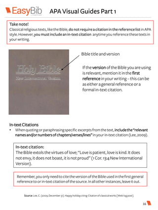 APA Visual Guides Part 1
Bibletitle andversion
Take note!
Classicalreligioustexts,liketheBible,donotrequireacitationinthereferencelist inAPA
style.However,you mustincludeanin-textcitation anytimeyoureferencethesetextsin
yourwriting.
In-textCitations
• Whenquotingorparaphrasingspecificexcerpts fromthetext, includethe“relevant
namesand/ornumbersofchapters/verses/lines”inyourin-textcitation(Lee,2009).
Source:Lee, C. (2009,December 31).Happyholidayciting:Citationofclassicalworks[Web logpost].
IftheversionoftheBibleyouareusing
isrelevant, mentionitinthe first
referenceinyourwriting –thiscanbe
aseither ageneralreferenceora
formalin-text citation.
Remember, youonlyneedtocitetheversionoftheBibleusedinthefirstgeneral
referencetoorin-textcitationofthesource.Inallotherinstances,leaveitout.
In-text citation:
TheBibleextolsthe virtuesoflove; “Loveispatient, loveiskind.Itdoes
notenvy,itdoesnotboast, itisnotproud”(1Cor.13:4New International
Version).
16
 
