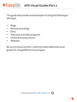 APA Visual Guides Part 2
Thisguidewillprovidevisualexamples ofcitingthefollowingin
APAstyle:
• Blogs
• Musicalrecordings
• Films
• Televisionandradioprograms
• Onlinedictionaryentries
• Websites
BesuretocheckoutPart1,whichprovidesadditionalvisual
guidesforcitingdifferentsourcetypes.
1
 