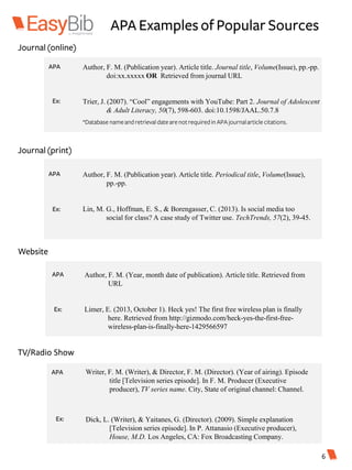 APA Examplesof Popular Sources
Journal (online)
Author, F. M. (Publication year). Article title. Journal title, Volume(Issue), pp.-pp.
doi:xx.xxxxx OR Retrieved from journal URL
Trier, J. (2007). “Cool” engagements with YouTube: Part 2. Journal of Adolescent
& Adult Literacy, 50(7), 598-603. doi:10.1598/JAAL.50.7.8
APA
Ex:
*Database nameand retrievaldatearenotrequiredinAPAjournalarticle citations.
Journal (print)
Author, F. M. (Publication year). Article title. Periodical title, Volume(Issue),
pp.-pp.
Lin, M. G., Hoffman, E. S., & Borengasser, C. (2013). Is social media too
social for class? A case study of Twitter use. TechTrends, 57(2), 39-45.
APA
Ex:
Website
Author, F. M. (Year, month date of publication). Article title. Retrieved from
URL
Limer, E. (2013, October 1). Heck yes! The first free wireless plan is finally
here. Retrieved from http://gizmodo.com/heck-yes-the-first-free-
wireless-plan-is-finally-here-1429566597
APA
Ex:
TV/Radio Show
Writer, F. M. (Writer), & Director, F. M. (Director). (Year of airing). Episode
title [Television series episode]. In F. M. Producer (Executive
producer), TV series name. City, State of original channel: Channel.
Dick, L. (Writer), & Yaitanes, G. (Director). (2009). Simple explanation
[Television series episode]. In P. Attanasio (Executive producer),
House, M.D. Los Angeles, CA: Fox Broadcasting Company.
APA
Ex:
6
 