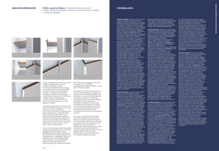 4AKUSTIK &TOPAKUSTIK
I profili in alluminio hanno forme e dimensioni
studiate per adattarsi alle più comuni
situazioni riscontrabili in cantiere.
Si conformano perfettamente alla chiusura
perimetrale di una porzione di controsoffitto,
così come a definire in maniera elegante
gli spigoli o a mascherare le interruzioni
necessarie al naturale ciclo di dilatazione
e contrazione del materiale. Tutti i profili sono
realizzati in alluminio pressopiegato
e personalizzabili sia nella forma che nel
colore, in modo da sintonizzarsi con ogni
esigenza di progetto.
The shapes and dimensions of the aluminium
profiles are designed to adapt to all the usual
situations found on a building site.
They conform perfectly to the seal around the
edge of each portion of suspended ceiling,
thus providing an elegant outline to any
corners and masking the gaps needed to
allow for the natural cycle of expansion and
contraction of the materials. All profiles are
made of press-formed aluminium, and can be
customized in shape and colour, so as to
blend in with the overall design.
Form und Abmessungen der Aluminiumprofile
wurden entsprechend konzipiert, um sich den
geläufigsten Anforderungen auf jeder
Baustelle anpassen zu können. Sie gleichen
sich perfekt dem umlaufenden Abschluss der
Unterteilungen von abgehängten Decken an;
außerdem können sie auf elegante Weise
Kanten definieren und die erforderlichen
Fugen für die natürlichen Dehn- und
Schrumpfprozesse der Materialien verdecken.
Alle Profile sind aus gebogenem Aluminium
und können in Form und Farbe
kundenspezifisch ausgeführt werden, um sich
jedem Projekt anzupassen.
Les profilés en aluminium ont des formes et
des dimensions étudiées pour s’adapter aux
situations les plus courantes présentes dans
les chantiers. Ils se conforment parfaitement
pour fermer le périmètre d’une portion
de faux-plafond, définir de manière élégante
les angles ou encore, masquer les
interruptions nécessaires au cycle naturel
de dilatation et de contraction du matériau.
Tous les profilés sont réalisés en aluminium
plié et sont personnalisables aussi bien au
niveau de la forme que de la couleur,
de manière à s’harmoniser avec les exigences
du projet.
Las formas y dimensiones de los perfiles
de aluminio se adaptan a las situaciones
más comunes que se presentan en la obra.
Se ajustan perfectamente al cierre perimetral
de una porción del techo, definen de forma
elegante los cantos o encubren las
interrupciones necesarias para el ciclo natural
de dilatación y contracción del material.
Todos los perfiles están realizados en aluminio
plegado a presión, de forma y color
personalizable, que permiten armonizarse
con cualquier exigencia de proyecto.
4akustik & Topakustik. Sistema di rivestimento “finito”,
a parete e controsoffitto, ad elevate prestazioni
acustiche per effetto di fonoassorbenza con risonatori
di Helmholtz, porosità e membrana vibrante. Il sistema
è realizzato per accostamento di pannelli a base di
fibra di legno, con incastro “a secco” (senza ausilio di
collanti o resine), qualità estetica a fresature parallele,
senza soluzione di continuità. I pannelli a forma di
lamelle con dimensione caratteristica di 4086x128x16
mm oppure quadrotte da 600x600/1200 mm sono
ottenuti esclusivamente da lavorazione meccanica per
asportazione di truciolo di MDF nobilitato melamminico
o altre finiture a richiesta, basso contenuto di
formaldeide E1 o privo di emissioni con classificazione
F****. Le lavorazioni conferiscono caratteristiche
geometriche con fresature parallele sulla superficie a
vista, direttamente collegate a cavità cilindriche
realizzate sulla faccia posteriore del pannello. L’unione
del canale di fresatura con ogni singola cavità
posteriore, costituisce un risonatore di Helmholtz. Le
fresature a vista sono realizzate secondo una gamma
dimensionale di larghezze e passi variabile: 9/2 (9 mm
di superficie nobilitata piana e 2 mm di fresatura),
percentuale effettiva di perforazione 6%; 14/2
percentuale effettiva di perforazione 7%; 13/3
percentuale effettiva di perforazione 12%; 28/4
percentuale effettiva di perforazione 7,5%. A diverse
tipologie di fresatura e foratura posteriore
corrispondono diverse prestazioni acustiche. Le
caratteristiche dello spettro di fonoassorbenza
dipendono inoltre dalle modalità d’installazione e dai
materiali applicati nell’intercapedine retrostante al
rivestimento AP. Sono disponibili i coefficienti di
fonoassorbenza per tipologie e installazioni standard.
La posa in opera del sistema sfrutta profili metallici
rettilinei o curvi per superfici non piane, con tipica
sezione “ad omega” (l 24 mm, h 18 mm), sui quali i
pannelli vengono ancorati con particolari ed apposite
piastrine metalliche stampate (l’intercapedine assume
complessivamente 20 mm di profondità). Il sistema di
rivestimento in opera, costituito da lamelle, mollette
d’aggancio e profili omega, assume uno spessore
complessivo di 36 mm, con una massa per superficie di
circa 12 kg/m2
. Il sistema di rivestimento è disponibile
con classe di reazione al fuoco “B-s2,d0” secondo
Eurocodice vigente e marcatura CE per i materiali da
costruzione. I pannelli in fibra di legno possono
evidenziare modifiche delle dimensioni geometriche
proprie, secondo EN317.
4akustik & Topakustik. Pre-finished ceiling and wall
panels with high sound absorbent acoustic
performance thanks to Helmholtz resonators, porous
texture and membrane absorbers. The panelling is
installed by assembling wood fibre based panels using
a dry click-lock system (without adhesives or resins)
resulting in a parallel slatted surface with a sleek,
seamless appearance. The slatted panels are available
in standard sizes of 4086x128x16 mm or in square tiles
of 600x600/1200 mm; exclusively mechanically milled
grooving; low formaldehyde (E1) content, or emission-
free, F**** class MDF with melamine facing or with
other surface finishes on request. Precision-milled
geometrical parallel grooving on front surface, directly
connected with cylindrical cavities on the rear of the
panel. The alignment of the grooved channels with
each single rear cavity forms a Helmholtz resonator.
Surface grooving is available in a range of widths and
spacings: 9/2 (9 mm of flat faced surface with 2 mm
milled grooving), with 6% actual perforated surface
percentage; 14/2 with 7% actual perforated surface
percentage; 13/3 with 12% actual perforated surface
percentage; 28/4 with 7.5% actual perforated surface
percentage. Different acoustic performance can be
obtained by varying rear perforation and face grooving.
Sound absorbency spectrum characteristics also
depend on the installation method and materials
applied in the rear cavity behind the AP facing. Sound
absorbency coefficients are available for each
standard model and installation method. This panelling
is installed using straight or curved metal profiles (for
non-flat surfaces); standard profiles have an omega
‘hat’ section (l 24 mm, h 18 mm), on which panels are
fixed using special moulded metal plates (total cavity
depth is 20 mm). Installed panelling composed of slats,
fixing plates, and omega ‘hat’ profiles, has a total
thickness of 36 mm, with a weight/surface ratio of
about 12 kg/m². The external surface facing is available
in EC certified, class “B-s2,d0” fireproof material,
compliant with current Eurocodes for construction
materials. Wood fibre panels can be subject to slight
changes in size according to EN317 standards.
4akustik & Topakustik. System des “fertigen” Belags
für abgehängte Decken mit hoher, akustischer Qualität
durch Schallabsorption mit Helmholtz-Resonatoren,
Poren und einer vibrierenden Membran. Das System
wird durch „trockene“ Nut- und Federverbindung von
Holzfaserplatten (ohne Kleber oder Harze) erreicht,
ästhetische Qualität durch parallele,
unterbrechungslose Rillen. Die lamellenförmigen
Paneele mit den charakteristischen Maßen
4086x128x16 mm oder quadratisch 600x600/1200 mm
erhält man ausschließlich durch spanabhebende
Bearbeitung von MDF-Platten mit
Melaminharzbeschichtung oder anderen Ausführungen
auf Wunsch, mit niedrigem Formaldehydgehalt E1 oder
emissionsfrei mit der Klassifizierung F****. Die
Bearbeitung verleiht den Sichtflächen eine
charakteristische Geometrie durch parallele
Ausfräsungen, die mit zylindrischen Vertiefungen auf
der Rückseite der Platten direkt verbunden sind. Durch
Verbindung der gefrästen Rillen mit jeder einzelnen
Vertiefung auf der Rückseite entstehen die Helmholtz-
Resonatoren. Die sichtbaren Ausfräsungen können
unterschiedliche Breiten und Abstände aufweisen: 9/2
(9 mm beschichtete ebene Fläche und 2 mm Rille), 6%
effektiver Anteil der Durchbohrungen; 14/2 effektiver
Anteil der Durchbohrungen 7%; 13/3 effektiver Anteil
der Durchbohrungen 12%; 28/4 effektiver Anteil der
Durchbohrungen 7,5%. Den unterschiedlichen Rillen
und rückwärtigen Bohrungen entsprechen auch
unterschiedliche akustische Leistungen. Die Merkmale
des schallabsorbierenden Spektrums hängen auch von
der Art der Installation und den Materialien für den
Hohlraum hinter der AP Verkleidung ab. Verfügbar sind
die Schallabsorptionskoeffizienten für standardmäßige
Typologien und Installationen. Bei der Verlegung des
Systems werden für unebene Flächen gerade oder
gebogene Metallprofile mit dem charakteristischen
Omega-Querschnitt (L 24 mm, H 18 mm) verwendet, auf
denen die Paneele durch formgestanzte
Blechplättchen befestigt werden (der Hohlraum wird
insgesamt 20 mm tief). Das System der Verkleidung auf
der Baustelle, bestehend aus Lamellen, Klammern und
Omega-Profilen, weist insgesamt eine Stärke von 36
mm auf, mit einem Flächengewicht von circa 12 kg/m2
.
Das Verkleidungssystem ist mit Brandschutzklasse
“B-s2,d0” nach geltendem Eurocode und mit
CE-Kennzeichnung für Baustoffe erhältlich. Die
Holzfaserplatten können Veränderungen der
geometrischen Maße nach EN317 unterworfen sein.
4akustik & Topakustik. Système de revêtement « fini »,
pour murs et faux-plafonds, à hautes performances
acoustiques par effet de l’insonorisation obtenue avec
des résonateurs de Helmholtz, la porosité et une
membrane vibrante. Le système est réalisé par
juxtaposition de panneaux à base de fibre de bois,
avec emboîtement à sec (sans l’utilisation de colles ou
de résines), qualité esthétique à rainures parallèles,
sans solution de continuité. Les panneaux à formes de
lamelles de la dimension de 4086x128x16 mm ou bien
les carreaux de 600x600/1200 mm sont obtenus
exclusivement par usinage mécanique par enlèvement
de copeau de MDF mélaminé ou avec d’autres finitions
sur demande, à faible contenu de formaldéhyde E1 ou
sans émissions en classe F****. Les usinages donnent
des caractéristiques géométriques avec rainures
parallèles sur la face apparente, directement reliées à
des cavités cylindriques réalisées sur l’envers du
panneau. L’union de la rainure avec chaque cavité sur
l’envers constitue un résonateur de Helmholtz. Les
rainures apparentes sont réalisés suivant une gamme
dimensionnelle de largeurs et écartements variable :
9/2 (9 mm de surface mélaminée plate et 2 mm de
rainure), pourcentage effectif de perforation 6 % ; 14/2
pourcentage effectif de perforation 7 % ; 13/3
pourcentage effectif de perforation 12 % ; 28/4
pourcentage effectif de perforation 7,5 %. À différentes
typologies de rainures et perforations sur l’envers
correspondent différentes performances acoustiques.
Les caractéristiques du spectre d’insonorisation
dépendent par ailleurs des modalités d’installation et
des matériaux appliqués dans l’interstice se trouvant
derrière le revêtement AP. Les coefficients
d’insonorisation sont disponibles pour les différentes
typologies et installations standard. Pour la pose du
système on utilise des profilés métalliques rectilignes
ou courbes quand les surfaces ne sont pas plates,
avec une section typique en oméga (L 24 mm, H 18
mm), sur lesquels les panneaux sont fixés avec des
pièces et des platines métalliques moulées (l’interstice
a une profondeur totale de 20 mm). Le système de
revêtement posé, constitué de lamelles, ressorts
d’accrochage et profilés oméga, a une épaisseur totale
de 36 mm, avec une masse par surface d’environ 12
kg/m². Le système de revêtement est disponible avec
classe de réaction au feu « B-s2,d0 » suivant
l’Euroclasse en vigueur et avec marquage CE pour les
matériaux de construction. Les panneaux en fibre de
bois peuvent subir des variations de leurs dimensions
géométriques, dans les limites de tolérance de la
norme EN 317.
4akustik & Topakustik. Sistema de revestimiento
“listo”, para pared y techo, de elevadas prestaciones
acústicas por efecto de la insonorización con
resonadores de Helmholtz, porosidad y membrana
vibratoria. El sistema está realizado sobre tableros
fabricados con base tablero de DM, con ensamble “en
seco” (sin la ayuda de adhesivos o resinas), calidad
estética con fresados paralelos, con solución de
continuidad. Los tableros compuestos por lamas de
4086x128x16 mm o placas de 600x600/1200 mm se
obtienen exclusivamente con la elaboración mecánica
por extracción de la viruta de MDF melaminado o con
otros acabados bajo pedido, con reducido contenido
de formaldehído E1 o exento de emisiones con
clasificación F****. Las elaboraciones otorgan
características geométricas con fresados paralelos
sobre la superficie a vista, conectados directamente a
cavidades cilíndricas realizadas en la cara posterior
del tablero. La unión del canal de fresado con cada
una de las cavidades posteriores constituye un
resonador de Helmholtz. Los fresados a vista están
realizados según una gama variable de anchos y
espaciados de distintos tamaños: 9/2 (9 mm de
superficie melamínica plana y 2 mm de fresado),
porcentaje efectivo de perforación 6%; 14/2 porcentaje
efectivo de perforación 7%; 13/3 porcentaje efectivo de
perforación 12%; 28/4 porcentaje efectivo de
perforación 7,5%. A los distintos tipos de fresado y
perforación posterior, corresponden distintas
prestaciones acústicas. Las características del
espectro de absorción acústica dependen también de
las modalidades de instalación y de los materiales
aplicados en el intersticio trasero del revestimiento AP.
Estan disponibles los coeficientes de absorción segun
las diferentes tipologias en instalaciones estándar. La
colocación del sistema en la obra utiliza perfiles
metálicos rectilíneos o curvos para superficies no
planas, denominados perfiles “omegas” (longitud 24
mm, altura 18 mm), en los que los tableros se fijan
mediante Clips de fijación metalicos (el intersticio llega
a 20 mm de profundidad total). El sistema de
revestimiento instalado, formado por lamas, ganchos
clips y perfiles omegas, presenta un espesor total de
36 mm, con una masa para la superficie de
aproximadamente 12 kg/m2. El sistema de
revestimiento está disponible con clase de reacción al
fuego B-s2,d0 según el Eurocódigo vigente y marcado
CE para los materiales de construcción. Los tableros
de tablero de DM pueden presentar modificaciones de
las dimensiones geométricas intrínsecas, según la
norma EN317.
TECHNICAL DATAProfili e giunti di finitura / Finishing profiles and joins /
Profile und Abschlussfugen / Profilés et joints de finition / Perfiles
y juntas de acabado
p | 22
MILLEDANDDRILLEDSOUND-ABSORBENTSYSTEMS
 