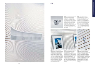 S-TOP
S-Top. S-Top, ein neues, praktisches
Zubehör für eine noch bessere Nutzung von
schallabsorbierenden Wänden 4akustik, ist
ein vielseitiges Befestigungselement, das
mit 4akustik 28/4 und 13/3 kompatibel ist.
Das neue Zubehör im eleganten Design
kann direkt in den bestehenden Öffnungen
am Paneel eingesetzt werden, sodass keine
Löcher in 4akustik gebohrt werden müssen.
S-Top wird in die gefrästen Rillen eingesetzt
und durch Festziehen der Kopfschraube
blockiert: die Befestigung am Paneel wird
durch die Öffnung von zwei "Flügeln" am
hinteren Ende erreicht. Durch dieses
System kann S-Top je nach Bedarf sehr
einfach wieder versetzt werden.
S-Top. Un nuovo accessorio d’arredo che
arricchisce di funzionalità la parete
fonoassorbente 4akustik S-Top è un
elemento di fissaggio multifunzione
compatibile con 4akustik 28/4 e 13/3. Il
nuovo accessorio ha un design essenziale e
si applica al pannello direttamente nei fori
esistenti, eliminando così la necessità di
foratura del 4akustik. S-Top si inserisce
all’interno della fresatura e si blocca
stringendo la vite di testa: il fissaggio al
pannello avviene mediante l’apertura di due
“ali” posteriori che ne garantiscono la
stabilità. Grazie a questo sistema, S-Top è
inoltre facilmente riposizionabile a seconda
delle esigenze.
S-Top. Un nouvel accessoire de décor qui
enrichit la fonctionnalité de la cloison
insonorisante 4akustik. S-Top est un
élément de fixation multifonction
compatible avec 4akustik 28/4 et 13/3. Le
nouvel accessoire a un design essentiel et
s’applique sur le panneau, directement dans
les trous existants, en éliminant ainsi la
nécessité de perçage du 4akustik. S-Top
s’insère à l’intérieur de la rainure et se
bloque en serrant la vis de tête : la fixation
au panneau a lieu grâce à l’ouverture de
deux « ailes » arrière qui en garantissent la
stabilité. Grâce à ce système, S-Top est par
ailleurs facilement repositionnable suivant
les besoins.
S-Top. A new feature-accessory to
enhance the functions of the sound-
absorbent 4akustik wall. S-Top is a multi-
purpose attachment element, compatible
with 4akustik 28/4 and 13/3. This new
accessory has an essential design and is
applied directly into the existing holes in the
panel, thus eliminating the need to drill
4akustik. S-Top is inserted into the milled
groove, where it is locked in place by
tightening the head screw: fixture to the
panel is then achieved by opening the two
“wings” in the rear, which ensure stability.
Thanks to this system, S-Top can also be
easily repositioned to suit changing
requirements.
S-Top. Un nuevo accesorio decorativo que
añade cualidad funcional a la pared con
sistema de absorción acústica 4akustik: S-Top
es un elemento de fijación multifunción
compatible con 4akustik 28/4 y 13/3. El
diseño del nuevo accesorio es esencial y se
aplica al panel directamente en los agujeros
existentes, eliminando la necesidad de tener
perforar el panel 4akustik. S-Top se inserta en
el fresado y se bloquea apretando la cabeza
del tornillo: se fija al panel mediante la
apertura de dos "alas" posteriores que
garantizan estabilidad. Este sistema
permite desplazar S-Top y colocarlo
fácilmente en otra posición, según las
exigencias.
p | 18
MILLEDANDDRILLEDSOUND-ABSORBENTSYSTEMS
 