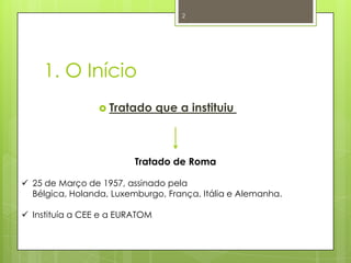 1. O Início
 Tratado que a instituiu
Tratado de Roma
 25 de Março de 1957, assinado pela
Bélgica, Holanda, Luxemburgo, França, Itália e Alemanha.
 Instituía a CEE e a EURATOM
2
 