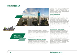 kellyservices.co.id42
Interest in the archipelago has led to many new
companies investing and expanding their footprint in
Indonesia. This growth focus has created challenges
in talent management across most industries –
specifically how to recruit, retain and develop
talent in a country anecdotally labelled as “the
missing BRIC.”
banking and Financial Services
The banking sector has both broadened and
deepened and interest rates continue to sink. These
factors have combined to boost the already growing
demand for financial services, from microcredit to
mezzanine finance. Volume of lending continues
to increase in 2012 with loans to SMEs being a
core driver of growth. This is creating a need for
experienced talent across the whole middle and
back office within this sector
Consumer Goods
The FMCG industry is expected to have double
digit growth this year. As the FMCG market in
Indonesia is becoming more appealing, more
foreign direct investment is finding its way to
the country. It is clear that more products will be
produced and pushed to market which is creating
demand for marketing and sales professionals,
coupled with a need for technical skill sets across
manufacturing and supply chain management.
This has a relational impact on companies servicing
this sector.
Information Technology
Improvements in Indonesia’s telecoms and ICT
infrastructure are expected to drive long-term
growth in the Indonesian IT services market.
Commercial data centres are being built, linked to
growing rollout by public sector and commercial
organisations of e-government or e-commerce
services. However, most opportunities are still
in fundamental service areas such as system
integration, support systems, training, professional
services, and outsourcing and internet services,
with demand for a mixture of employment types,
from permanent through to contract and
temporary professionals.
INdonesia
NATIONAL
OVERVIEW
 