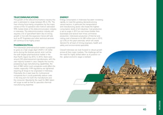 45Figures are in IDR and represent 13 months annual salary
Telecommunications
The growth of the telecommunications industry this
year is estimated to range between 8% to 9%. The
main driving force being competition by five major
carriers of the 10 operators who hold an estimated
90% market share of the telecommunication industry
in Indonesia. The telecommunication industry still
requires a lot of specialised talent due to strong
growth in line with the expansion hence skill sets
such as RF Engineers and other technical services
will continue to be highly prized.
Pharmaceutical
The Indonesian pharmaceutical market is projected
to grow at a high single-digit CAGR in US dollar
terms during the forecast period, and it will be
the sixth largest pharmaceutical market in the
Asia Pacific region by 2016. In 2010, there were
around 250 pharmaceutical manufacturers, with the
vast majority located in Java. Despite the country
possessing huge manufacturing capabilities, the
lack of R&D within local companies could affect the
market, especially if IPR regulations are tightened,
requiring all drugs to be originated in Indonesia.
Potentially this is bad news for multinational
companies but it could potentially reduce costs
in the long term for both the manufacturer and
the consumer. Resultantly the need for R&D talent
will surge as well as that for specialist chemical
manufacturing expertise.
Energy
Energy consumption in Indonesia has been increasing
rapidly, to meet the growing demands among
various sectors, in particular the transportation
and manufacturing sector, who boast the highest
consumption levels of all industries. Coal production
is set to surge in 2012 as coal miners bolster their
businesses and several new mines commence
production. Indonesia’s production of thermal and
coking coal is forecast to hit 380 million tons in 2012,
up 5.5% on this year’s estimate, which will create
demand for all level of mining engineers, health and
safety and environmental specialists
Overall Indonesia can look forward to robust growth
across all their major markets. The challenge will be
the need for highly skilled talent as its position on
the global economic stage is realised.
INdonesia
 