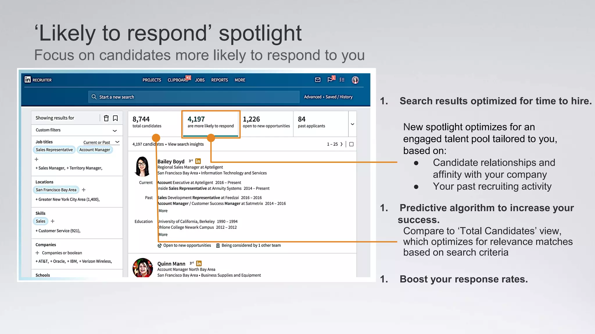 New spotlight optimizes for an
engaged talent pool tailored to you,
based on:
● Candidate relationships and
affinity with your company
● Your past recruiting activity
Compare to ‘Total Candidates’ view,
which optimizes for relevance matches
based on search criteria
1. Search results optimized for time to hire.
1. Predictive algorithm to increase your
success.
1. Boost your response rates.
‘Likely to respond’ spotlight
Focus on candidates more likely to respond to you
 