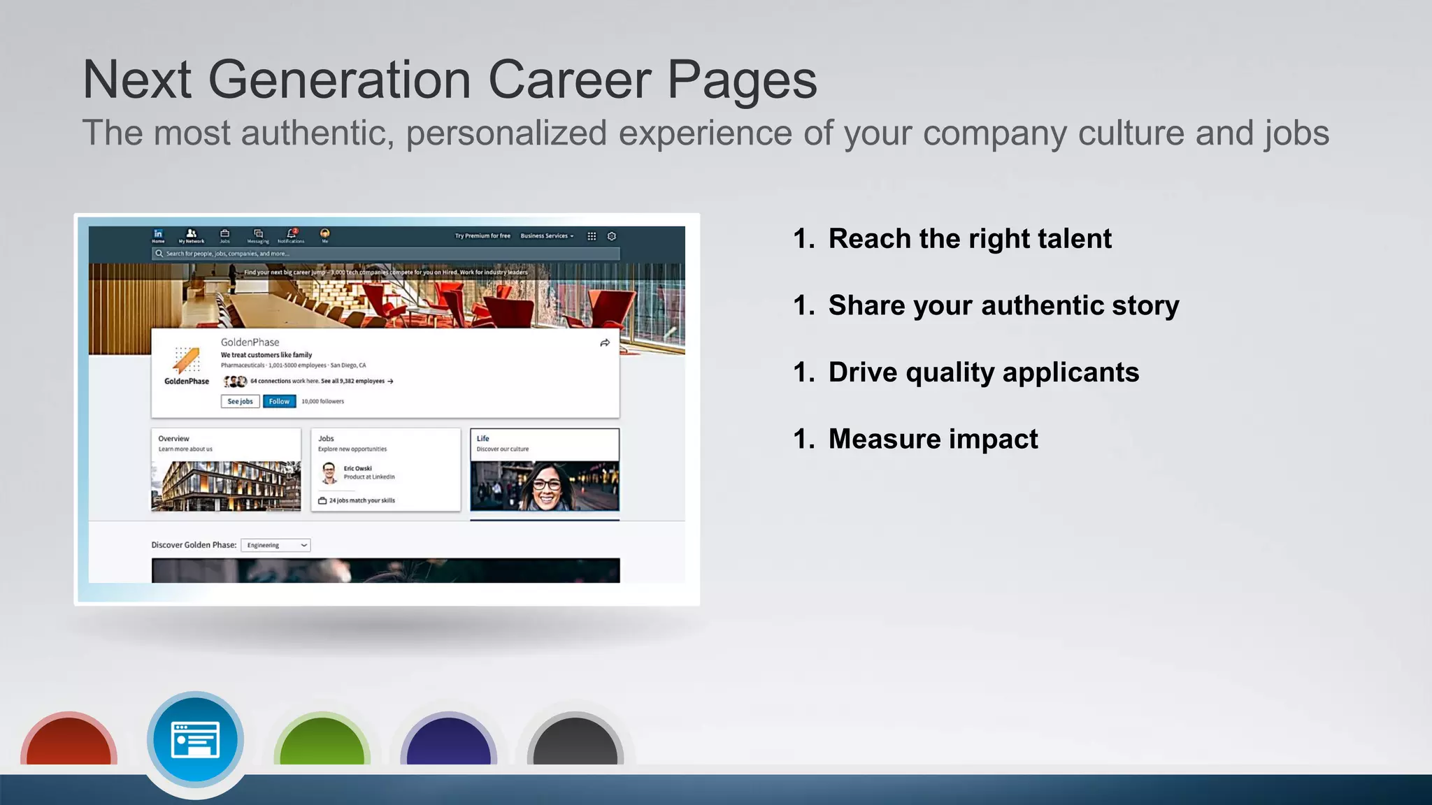 Next Generation Career Pages
The most authentic, personalized experience of your company culture and jobs
1. Reach the right talent
1. Share your authentic story
1. Drive quality applicants
1. Measure impact
 