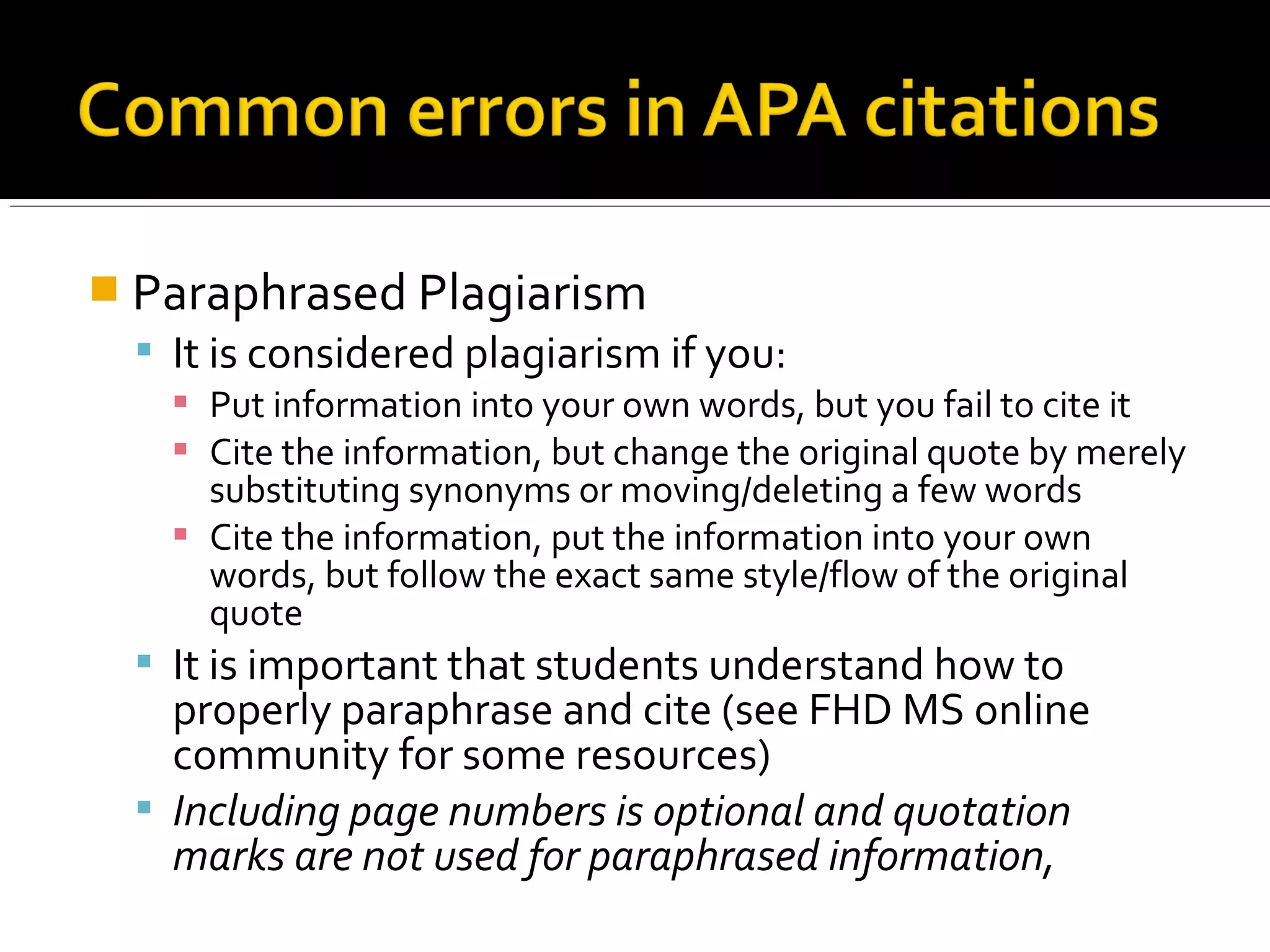  Examples of References:
Harlow, H. F. (1983). Fundamentals for preparing psychology journal articles. Journal
of Comparative and Physiological Psychology, 55, 893-896.
Calfee, R. C., & Valencia, R. R. (1991). APA guide to preparing manuscripts for
journal publication. Washington, DC: American Psychological Association.
Note:
• Reference formatting is very detail oriented. APA guidelines dictate what
should be italicized, where periods should go, which words are capitalized,
etc. Additional examples and more detailed guidelines are available in the
manual, the Sanford SchoolWriting Center, or at
https://owl.english.purdue.edu/owl/resource/560/05/
 