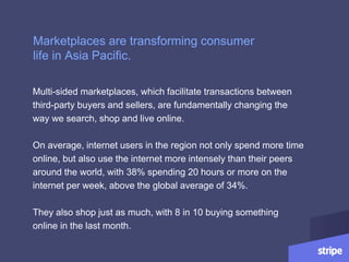 Multi-sided marketplaces, which facilitate transactions between
third-party buyers and sellers, are fundamentally changing the
way we search, shop and live online.
On average, internet users in the region not only spend more time
online, but also use the internet more intensely than their peers
around the world, with 38% spending 20 hours or more on the
internet per week, above the global average of 34%.
They also shop just as much, with 8 in 10 buying something
online in the last month.
Marketplaces are transforming consumer
life in Asia Pacific.
 
