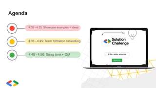 Agenda
4:30 - 4:35: Showcase examples + Ideas
4:35 - 4:45: Team formation networking
4:45 - 4:50: Swag time + Q/A
 