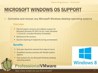 MICROSOFT WINDOWS OS SUPPORT
 Centralize and recover any Microsoft Windows desktop operating systems
02/04/2015VMware Mirage Overview
14
Overview
 File/full system recovery and rollback support for
Microsoft Windows XP (SP3 32 bit), Vista, Windows
7, 8 and 8.1 included Windows Embedded
 Self-service file recovery
 Dynamic layering of endpoints during centralization
Benefits
 End user downtime reduced from days to hours
 Simplified recovery process with flexible restore
options
 Fast recovery for any Microsoft Windows desktop
operating system
 