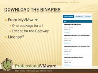 DOWNLOAD THE BINARIES
 From MyVMware
 One package for all
 Except for the Gateway
 License?
02/04/2015VMware Mirage Overview
16
 
