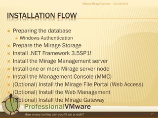INSTALLATION FLOW
 Preparing the database
 Windows Authentication
 Prepare the Mirage Storage
 Install .NET Framework 3.5SP1!
 Install the Mirage Management server
 Install one or more Mirage server node
 Install the Management Console (MMC)
 (Optional) Install the Mirage File Portal (Web Access)
 (Optional) Install the Web Management
 (Optional) Install the Mirage Gateway
02/04/2015VMware Mirage Overview
27
 
