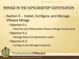 MIRAGE IN THE VCP6-DESKTOP CERTIFICATION
 Section 5 – Install, Configure, and Manage
VMware Mirage
 Objective 5.1
 Describe and Differentiate VMware Mirage Components
 Objective 5.2
 Manage Base and Application Layers
 Objective 5.3
 Configure and Manage Endpoints
02/04/2015VMware Mirage Overview
5
 