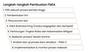 Langkah-langkah Pembuatan FMEA
1. Pilih sebuah proses berisiko tinggi
2. Pembentukan tim
3. Penyusunan alur
4. FMEA Brainstorming (modus kegagalan dan dampak)
5. Perhitungan Tingkat Risiko dan Keberhasilan Mitigasi
6. Redesain proses/ desain kontrol
7. Analisis dan uji proses baru tersebut - FMEA 2
8. Implementasikan & monitor proses redesain
 