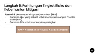Langkah 5: Perhitungan Tingkat Risiko dan
Keberhasilan Mitigasi
40
Formulir 1: penentuan “risk priority number” (RPN)
• Gunakan skor yang dibuat untuk menentukan Angka Prioritas
Risiko (RPN)
• Gunakan RPN untuk menentukan peringkat
RPN = Keparahan x Frekuensi Kejadian x Deteksi
 