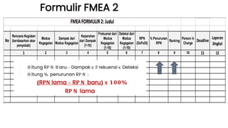 Formulir FMEA 2
￮ H itung RP N B aru – Dampak x F rekuensi x Deteksi
￮ H itung % penurunan RP N :
(RPN lama – RP N baru) x 100%
RP N lama
 