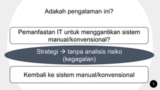 Adakah pengalaman ini?
Pemanfaatan IT untuk menggantikan sistem
manual/konvensional?
Kembali ke sistem manual/konvensional
Strategi  tanpa analisis risiko
(kegagalan)
5
 