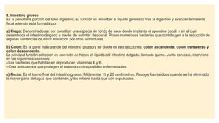8. Intestino grueso
Es la penúltima porción del tubo digestivo, su función es absorber el liquido generado tras la digestión y evacuar la materia
fecal además esta formada por:
a) Ciego: Denominado así por constituir una especie de fondo de saco donde implanta el apéndice cecal, y en el cual
desemboca el intestino delgado a través del esfínter ileocecal. Posee numerosas bacterias que contribuyen a la reducción de
algunas sustancias de difícil absorción por otras estructuras.
b) Colon: Es la parte más grande del intestino grueso y se divide en tres secciones: colon ascendente, colon transverso y
colon descendente.
La principal función del colon es convertir en heces el líquido del intestino delgado, llamado quimo. Junto con esto, interviene
en las siguientes acciones:
- Las bacterias que habitan en él producen vitaminas K y B.
- Crea anticuerpos que protegen el sistema contra posibles enfermedades.
c) Recto: Es el tramo final del intestino grueso. Mide entre 15 y 20 centímetros. Recoge los residuos cuando se ha eliminado
la mayor parte del agua que contienen, y los retiene hasta que son expulsados.
 