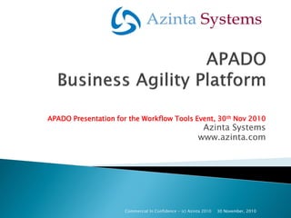 APADO Presentation for the Workflow Tools Event, 30 th Nov 2010
                                                          Azinta Systems
                                                         www.azinta.com




                      Commercial In Confidence - (c) Azinta 2010   30 November, 2010
 