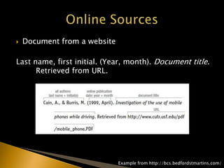  Document from a website
Last name, first initial. (Year, month). Document title.
Retrieved from URL.
Example from http://bcs.bedfordstmartins.com/
 