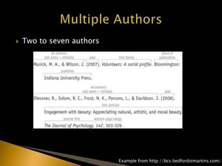  Two to seven authors
Example from http://bcs.bedfordstmartins.com/
 