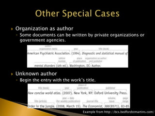  Organization as author
◦ Some documents can be written by private organizations or
government agencies.
 Unknown author
◦ Begin the entry with the work’s title.
Example from http://bcs.bedfordstmartins.com/
 