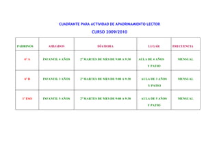 CUADRANTE PARA ACTIVIDAD DE APADRINAMIENTO LECTOR

CURSO 2009/2010
PADRINOS

6º A

AHIJADOS

DÍA/HORA

INFANTIL 4 AÑOS

2º MARTES DE MES DE 9:00 A 9:30

LUGAR

AULA DE 4 AÑOS

FRECUENCIA

MENSUAL

Y PATIO

6º B

INFANTIL 3 AÑOS

2º MARTES DE MES DE 9:00 A 9:30

AULA DE 3 AÑOS

MENSUAL

Y PATIO

1º ESO

INFANTIL 5 AÑOS

2º MARTES DE MES DE 9:00 A 9:30

AULA DE 5 AÑOS
Y PATIO

MENSUAL

 