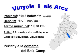 Població: 1918 habitants
Densitat: 177,9 hab/km
Terme municipal: 10,78 km
Altitud 95 m sobre el nivell del mar
Gentilici: vinyolenc, vinyolenca
Pertany a la comarca
del Baix Camp
(cens 2016)
2
 