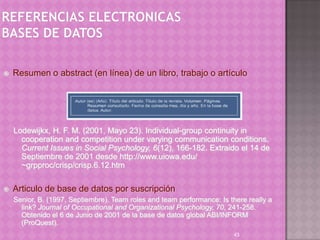    Resumen o abstract (en línea) de un libro, trabajo o artículo




    Lodewijkx, H. F. M. (2001, Mayo 23). Individual-group continuity in
      cooperation and competition under varying communication conditions.
      Current Issues in Social Psychology, 6(12), 166-182. Extraido el 14 de
      Septiembre de 2001 desde http://www.uiowa.edu/
      ~grpproc/crisp/crisp.6.12.htm

   Articulo de base de datos por suscripción
    Senior, B. (1997, Septiembre). Team roles and team performance: Is there really a
      link? Journal of Occupational and Organizational Psychology, 70, 241-258.
      Obtenido el 6 de Junio de 2001 de la base de datos global ABI/INFORM
      (ProQuest).
                                                                         43
 