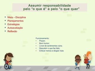 Assumir responsabilidade
pelo “o que é” e pelo “o que quer”
Funcionamento:
• Prazer;
• Bom humor;
• Livrar de sentimentos ruins;
• Descobrir o que faz feliz;
• Criticar menos e elogiar mais
 Meta – Disciplina
 Planejamentos
 Estratégias
 Autoavaliação
 Reflexão
 