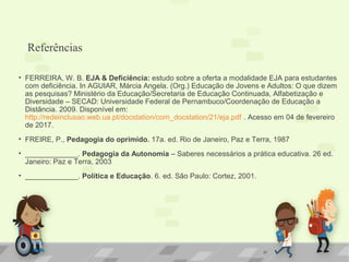 20
Referências
• FERREIRA, W. B. EJA & Deficiência: estudo sobre a oferta a modalidade EJA para estudantes
com deficiência. In AGUIAR, Márcia Angela. (Org.) Educação de Jovens e Adultos: O que dizem
as pesquisas? Ministério da Educação/Secretaria de Educação Continuada, Alfabetização e
Diversidade – SECAD: Universidade Federal de Pernambuco/Coordenação de Educação a
Distância. 2009. Disponível em:
http://redeinclusao.web.ua.pt/docstation/com_docstation/21/eja.pdf . Acesso em 04 de fevereiro
de 2017.
• FREIRE, P., Pedagogia do oprimido. 17a. ed. Rio de Janeiro, Paz e Terra, 1987
• _____________. Pedagogia da Autonomia – Saberes necessários a prática educativa. 26 ed.
Janeiro: Paz e Terra, 2003
• _____________. Política e Educação. 6. ed. São Paulo: Cortez, 2001.
 