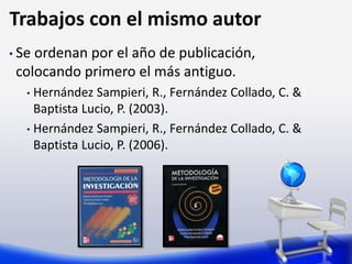 Trabajos con el mismo autor
• Se ordenan por el año de publicación,
colocando primero el más antiguo.
• Hernández Sampieri, R., Fernández Collado, C. &
Baptista Lucio, P. (2003).
• Hernández Sampieri, R., Fernández Collado, C. &
Baptista Lucio, P. (2006).
 