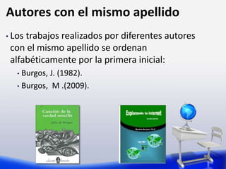 Autores con el mismo apellido
• Los trabajos realizados por diferentes autores
con el mismo apellido se ordenan
alfabéticamente por la primera inicial:
• Burgos, J. (1982).
• Burgos, M .(2009).
 