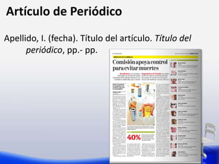 Artículo de Periódico
Apellido, I. (fecha). Título del artículo. Título del
periódico, pp.- pp.
 