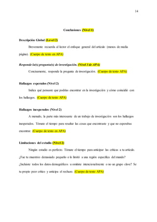 14
Conclusiones (Nivel 1)
Descripción Global (Level 2)
Brevemente recuerda al lector el enfoque general del artículo (menos de media
página). (Cuerpo de texto en APA)
Responde la(s) pregunta(s) de investigación. (Nivel 3 de APA)
Concisamente, responde la pregunta de investigación. (Cuerpo de texto APA)
Hallazgos esperados (Nivel 2)
Indica qué pensaste que podrías encontrar en la investigación y cómo coincidió con
los hallazgos. (Cuerpo de texto APA)
Hallazgos inesperados (Nivel 2)
A menudo, la parte más interesante de un trabajo de investigación son los hallazgos
inesperados. Tómate el tiempo para resaltar las cosas que encontraste y que no esperabas
encontrar. (Cuerpo de texto en APA)
Limitaciones del estudio (Nivel 2)
Ningún estudio es perfecto. Tómate el tiempo para anticipar las críticas a tu artículo.
¿Fue tu muestreo demasiado pequeño o lo limitó a una región específica del mundo?
¿Incluiste todos los datos demográficos u omitiste intencionalmente o no un grupo clave? Se
tu propio peor crítico y anticipa el rechazo. (Cuerpo de texto APA)
 