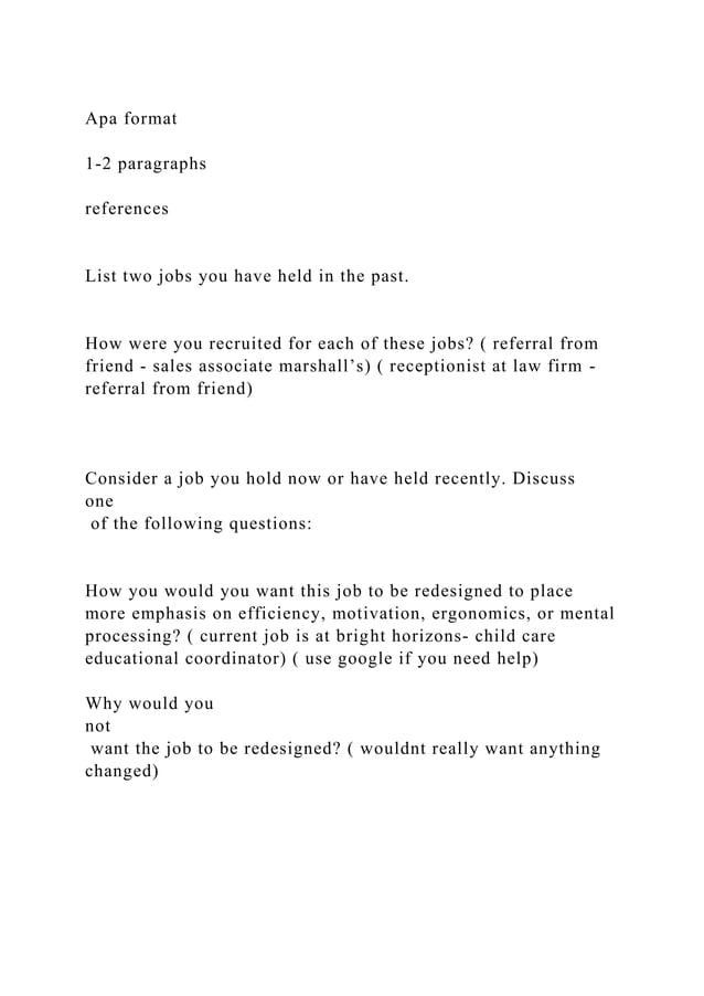Apa format12 paragraphsreferencesList two jobs you ha.docx