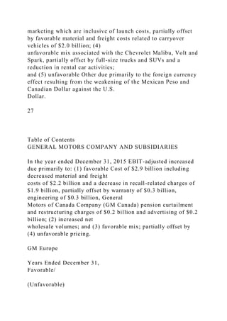 marketing which are inclusive of launch costs, partially offset
by favorable material and freight costs related to carryover
vehicles of $2.0 billion; (4)
unfavorable mix associated with the Chevrolet Malibu, Volt and
Spark, partially offset by full-size trucks and SUVs and a
reduction in rental car activities;
and (5) unfavorable Other due primarily to the foreign currency
effect resulting from the weakening of the Mexican Peso and
Canadian Dollar against the U.S.
Dollar.
27
Table of Contents
GENERAL MOTORS COMPANY AND SUBSIDIARIES
In the year ended December 31, 2015 EBIT-adjusted increased
due primarily to: (1) favorable Cost of $2.9 billion including
decreased material and freight
costs of $2.2 billion and a decrease in recall-related charges of
$1.9 billion, partially offset by warranty of $0.3 billion,
engineering of $0.3 billion, General
Motors of Canada Company (GM Canada) pension curtailment
and restructuring charges of $0.2 billion and advertising of $0.2
billion; (2) increased net
wholesale volumes; and (3) favorable mix; partially offset by
(4) unfavorable pricing.
GM Europe
Years Ended December 31,
Favorable/
(Unfavorable)
 