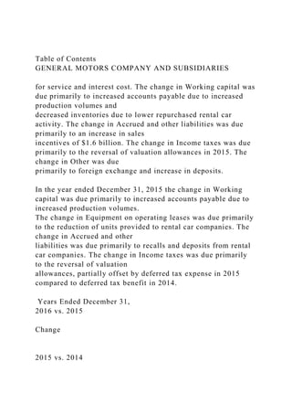 Table of Contents
GENERAL MOTORS COMPANY AND SUBSIDIARIES
for service and interest cost. The change in Working capital was
due primarily to increased accounts payable due to increased
production volumes and
decreased inventories due to lower repurchased rental car
activity. The change in Accrued and other liabilities was due
primarily to an increase in sales
incentives of $1.6 billion. The change in Income taxes was due
primarily to the reversal of valuation allowances in 2015. The
change in Other was due
primarily to foreign exchange and increase in deposits.
In the year ended December 31, 2015 the change in Working
capital was due primarily to increased accounts payable due to
increased production volumes.
The change in Equipment on operating leases was due primarily
to the reduction of units provided to rental car companies. The
change in Accrued and other
liabilities was due primarily to recalls and deposits from rental
car companies. The change in Income taxes was due primarily
to the reversal of valuation
allowances, partially offset by deferred tax expense in 2015
compared to deferred tax benefit in 2014.
Years Ended December 31,
2016 vs. 2015
Change
2015 vs. 2014
 