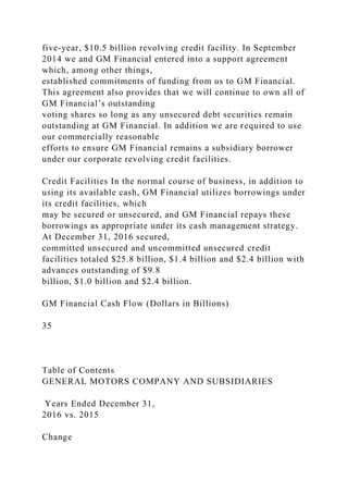five-year, $10.5 billion revolving credit facility. In September
2014 we and GM Financial entered into a support agreement
which, among other things,
established commitments of funding from us to GM Financial.
This agreement also provides that we will continue to own all of
GM Financial’s outstanding
voting shares so long as any unsecured debt securities remain
outstanding at GM Financial. In addition we are required to use
our commercially reasonable
efforts to ensure GM Financial remains a subsidiary borrower
under our corporate revolving credit facilities.
Credit Facilities In the normal course of business, in addition to
using its available cash, GM Financial utilizes borrowings under
its credit facilities, which
may be secured or unsecured, and GM Financial repays these
borrowings as appropriate under its cash management strategy.
At December 31, 2016 secured,
committed unsecured and uncommitted unsecured credit
facilities totaled $25.8 billion, $1.4 billion and $2.4 billion with
advances outstanding of $9.8
billion, $1.0 billion and $2.4 billion.
GM Financial Cash Flow (Dollars in Billions)
35
Table of Contents
GENERAL MOTORS COMPANY AND SUBSIDIARIES
Years Ended December 31,
2016 vs. 2015
Change
 