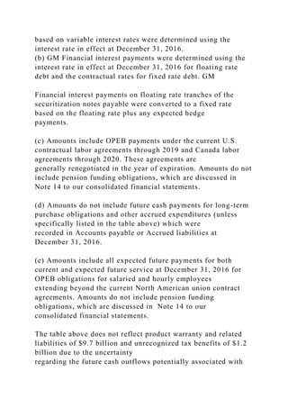 based on variable interest rates were determined using the
interest rate in effect at December 31, 2016.
(b) GM Financial interest payments were determined using the
interest rate in effect at December 31, 2016 for floating rate
debt and the contractual rates for fixed rate debt. GM
Financial interest payments on floating rate tranches of the
securitization notes payable were converted to a fixed rate
based on the floating rate plus any expected hedge
payments.
(c) Amounts include OPEB payments under the current U.S.
contractual labor agreements through 2019 and Canada labor
agreements through 2020. These agreements are
generally renegotiated in the year of expiration. Amounts do not
include pension funding obligations, which are discussed in
Note 14 to our consolidated financial statements.
(d) Amounts do not include future cash payments for long-term
purchase obligations and other accrued expenditures (unless
specifically listed in the table above) which were
recorded in Accounts payable or Accrued liabilities at
December 31, 2016.
(e) Amounts include all expected future payments for both
current and expected future service at December 31, 2016 for
OPEB obligations for salaried and hourly employees
extending beyond the current North American union contract
agreements. Amounts do not include pension funding
obligations, which are discussed in Note 14 to our
consolidated financial statements.
The table above does not reflect product warranty and related
liabilities of $9.7 billion and unrecognized tax benefits of $1.2
billion due to the uncertainty
regarding the future cash outflows potentially associated with
 