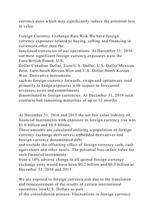 currency pairs which may significantly reduce the potential loss
in value.
Foreign Currency Exchange Rate Risk We have foreign
currency exposures related to buying, selling and financing in
currencies other than the
functional currencies of our operations. At December 31, 2016
our most significant foreign currency exposures were the
Euro/British Pound, U.S.
Dollar/Canadian Dollar, Euro/U.S. Dollar, U.S. Dollar/Mexican
Peso, Euro/South Korean Won and U.S. Dollar/South Korean
Won. Derivative instruments
such as foreign currency forwards, swaps and options are used
primarily to hedge exposures with respect to forecasted
revenues, costs and commitments
denominated in foreign currencies. At December 31, 2016 such
contracts had remaining maturities of up to 12 months.
At December 31, 2016 and 2015 the net fair value liability of
financial instruments with exposure to foreign currency risk was
$1.0 billion and $0.8 billion.
These amounts are calculated utilizing a population of foreign
currency exchange derivatives, embedded derivatives and
foreign currency denominated debt
and exclude the offsetting effect of foreign currency cash, cash
equivalents and other assets. The potential loss in fair value for
such financial instruments
from a 10% adverse change in all quoted foreign currency
exchange rates would have been $0.2 billion and $0.3 billion at
December 31, 2016 and 2015.
We are exposed to foreign currency risk due to the translation
and remeasurement of the results of certain international
operations into U.S. Dollars as part
of the consolidation process. Fluctuations in foreign currency
 