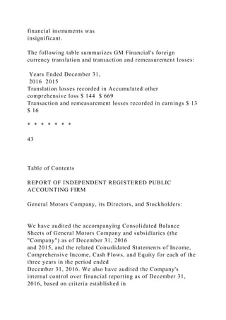financial instruments was
insignificant.
The following table summarizes GM Financial's foreign
currency translation and transaction and remeasurement losses:
Years Ended December 31,
2016 2015
Translation losses recorded in Accumulated other
comprehensive loss $ 144 $ 669
Transaction and remeasurement losses recorded in earnings $ 13
$ 16
* * * * * * *
43
Table of Contents
REPORT OF INDEPENDENT REGISTERED PUBLIC
ACCOUNTING FIRM
General Motors Company, its Directors, and Stockholders:
We have audited the accompanying Consolidated Balance
Sheets of General Motors Company and subsidiaries (the
"Company") as of December 31, 2016
and 2015, and the related Consolidated Statements of Income,
Comprehensive Income, Cash Flows, and Equity for each of the
three years in the period ended
December 31, 2016. We also have audited the Company's
internal control over financial reporting as of December 31,
2016, based on criteria established in
 