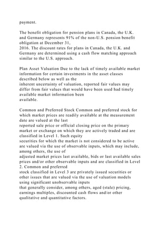 payment.
The benefit obligation for pension plans in Canada, the U.K.
and Germany represents 91% of the non-U.S. pension benefit
obligation at December 31,
2016. The discount rates for plans in Canada, the U.K. and
Germany are determined using a cash flow matching approach
similar to the U.S. approach.
Plan Asset Valuation Due to the lack of timely available market
information for certain investments in the asset classes
described below as well as the
inherent uncertainty of valuation, reported fair values may
differ from fair values that would have been used had timely
available market information been
available.
Common and Preferred Stock Common and preferred stock for
which market prices are readily available at the measurement
date are valued at the last
reported sale price or official closing price on the primary
market or exchange on which they are actively traded and are
classified in Level 1. Such equity
securities for which the market is not considered to be active
are valued via the use of observable inputs, which may include,
among others, the use of
adjusted market prices last available, bids or last available sales
prices and/or other observable inputs and are classified in Level
2. Common and preferred
stock classified in Level 3 are privately issued securities or
other issues that are valued via the use of valuation models
using significant unobservable inputs
that generally consider, among others, aged (stale) pricing,
earnings multiples, discounted cash flows and/or other
qualitative and quantitative factors.
 