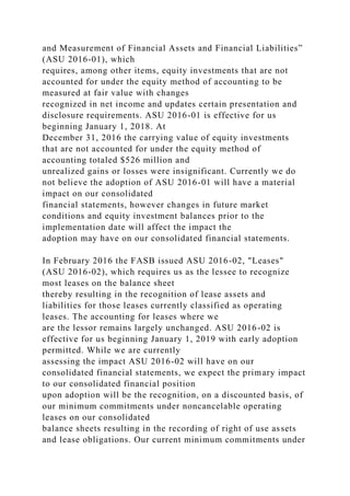 and Measurement of Financial Assets and Financial Liabilities”
(ASU 2016-01), which
requires, among other items, equity investments that are not
accounted for under the equity method of accounting to be
measured at fair value with changes
recognized in net income and updates certain presentation and
disclosure requirements. ASU 2016-01 is effective for us
beginning January 1, 2018. At
December 31, 2016 the carrying value of equity investments
that are not accounted for under the equity method of
accounting totaled $526 million and
unrealized gains or losses were insignificant. Currently we do
not believe the adoption of ASU 2016-01 will have a material
impact on our consolidated
financial statements, however changes in future market
conditions and equity investment balances prior to the
implementation date will affect the impact the
adoption may have on our consolidated financial statements.
In February 2016 the FASB issued ASU 2016-02, "Leases"
(ASU 2016-02), which requires us as the lessee to recognize
most leases on the balance sheet
thereby resulting in the recognition of lease assets and
liabilities for those leases currently classified as operating
leases. The accounting for leases where we
are the lessor remains largely unchanged. ASU 2016-02 is
effective for us beginning January 1, 2019 with early adoption
permitted. While we are currently
assessing the impact ASU 2016-02 will have on our
consolidated financial statements, we expect the primary impact
to our consolidated financial position
upon adoption will be the recognition, on a discounted basis, of
our minimum commitments under noncancelable operating
leases on our consolidated
balance sheets resulting in the recording of right of use assets
and lease obligations. Our current minimum commitments under
 