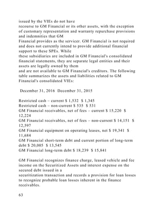 issued by the VIEs do not have
recourse to GM Financial or its other assets, with the exception
of customary representation and warranty repurchase provisions
and indemnities that GM
Financial provides as the servicer. GM Financial is not required
and does not currently intend to provide additional financial
support to these SPEs. While
these subsidiaries are included in GM Financial's consolidated
financial statements, they are separate legal entities and their
assets are legally owned by them
and are not available to GM Financial's creditors. The following
table summarizes the assets and liabilities related to GM
Financial's consolidated VIEs:
December 31, 2016 December 31, 2015
Restricted cash – current $ 1,532 $ 1,345
Restricted cash – non-current $ 535 $ 531
GM Financial receivables, net of fees – current $ 15,220 $
12,224
GM Financial receivables, net of fees – non-current $ 14,151 $
12,597
GM Financial equipment on operating leases, net $ 19,341 $
11,684
GM Financial short-term debt and current portion of long-term
debt $ 20,005 $ 13,545
GM Financial long-term debt $ 18,239 $ 15,841
GM Financial recognizes finance charge, leased vehicle and fee
income on the Securitized Assets and interest expense on the
secured debt issued in a
securitization transaction and records a provision for loan losses
to recognize probable loan losses inherent in the finance
receivables.
63
 